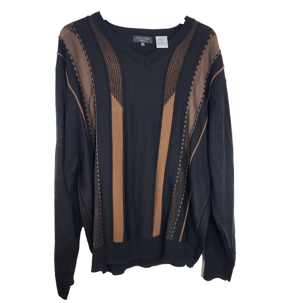 Cellini Collezione Sweater Men's XL Pullover Brown Black Wool Blend 90s Vintage